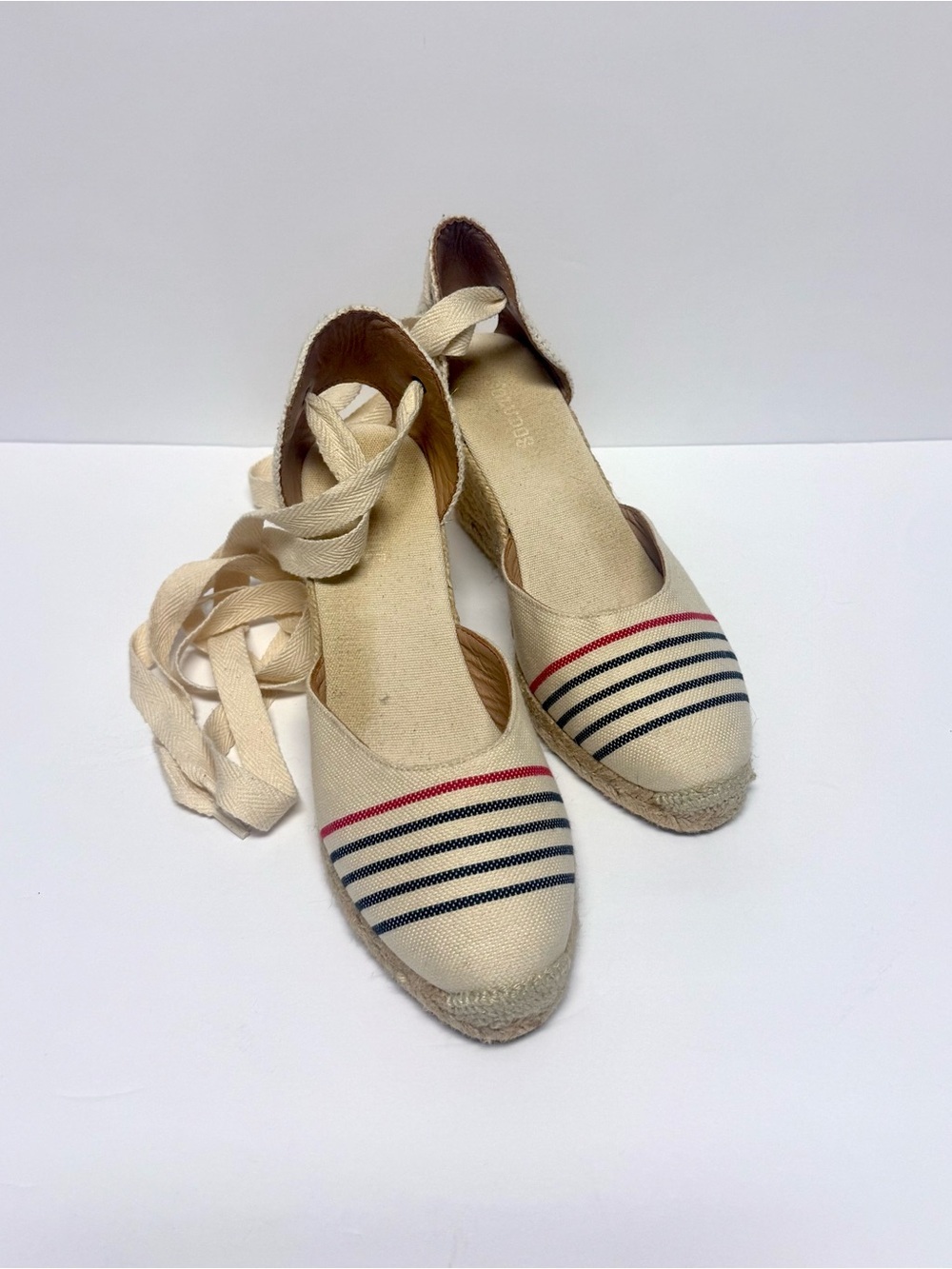 Soludos Canvas Espadrille Wedge with Ribbon Tie - Cream with Navy & Red Stripes - Picture 2 of 6